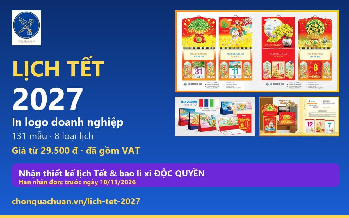 Mẫu bìa lịch Tết 2027 nền đỏ vàng, lịch để bàn bốn màu đế và lịch bloc có hộp quà